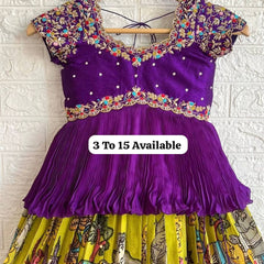 Girls Purple Embroidered Top with Lime Green Multicolour Traditional Print Lehenga