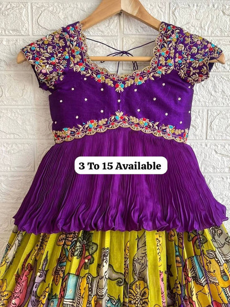 Girls Purple Embroidered Top with Lime Green Multicolour Traditional Print Lehenga