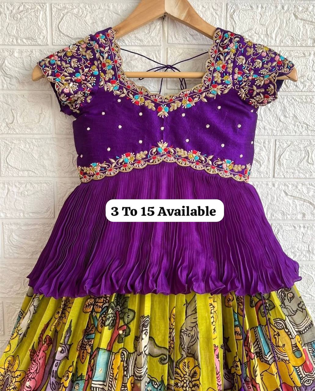 Girls Purple Embroidered Top with Lime Green Multicolour Traditional Print Lehenga