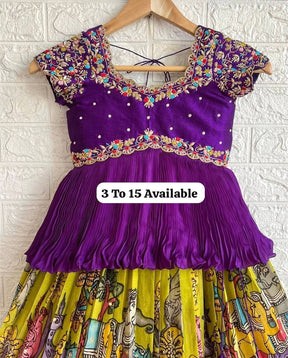 Girls Purple Embroidered Top with Lime Green Multicolour Traditional Print Lehenga