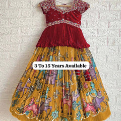 Designer Maroon Embroidered Top with Mustard Pleated Printed Lehenga for Girls