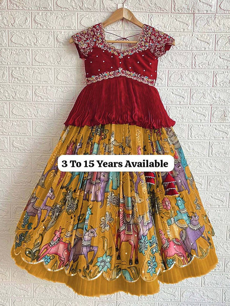 Designer Maroon Embroidered Top with Mustard Pleated Printed Lehenga for Girls