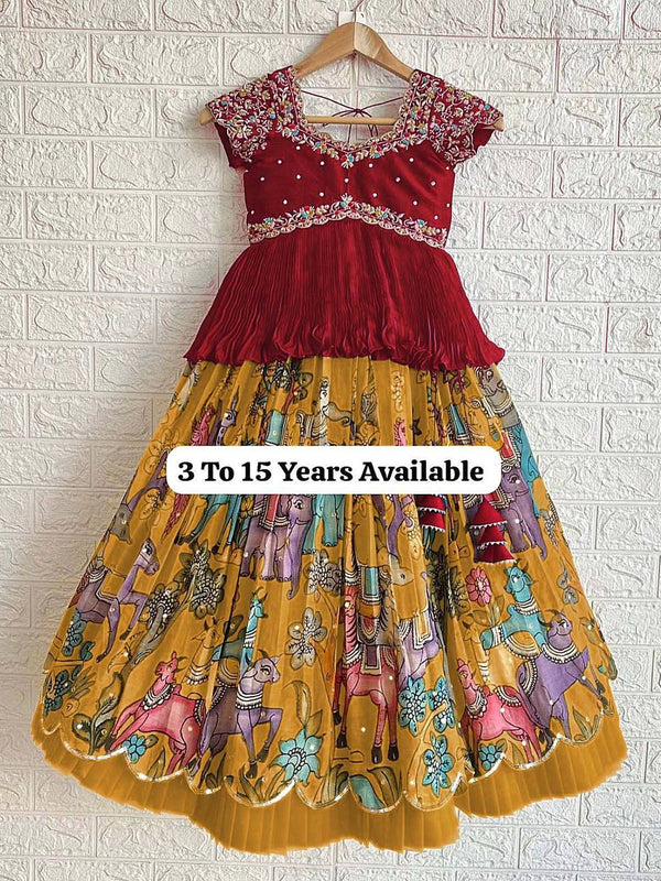 Designer Maroon Embroidered Top with Mustard Pleated Printed Lehenga for Girls