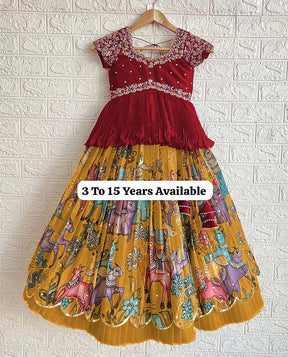 Designer Maroon Embroidered Top with Mustard Pleated Printed Lehenga for Girls