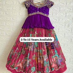 Designer Purple Embroidered Peplum Top with Pink Printed Pleated Lehenga for Girls