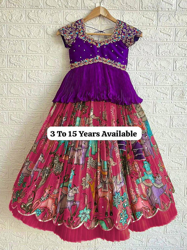 Designer Purple Embroidered Peplum Top with Pink Printed Pleated Lehenga for Girls