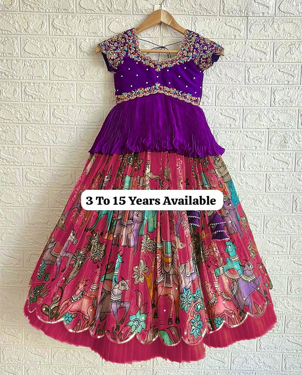 Designer Purple Embroidered Peplum Top with Pink Printed Pleated Lehenga for Girls
