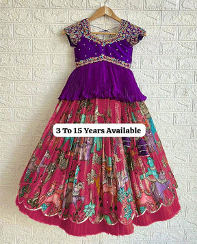 Designer Purple Embroidered Peplum Top with Pink Printed Pleated Lehenga for Girls