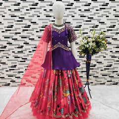 Designer Purple Embroidered Peplum Top with Pink Printed Pleated Lehenga for Girls