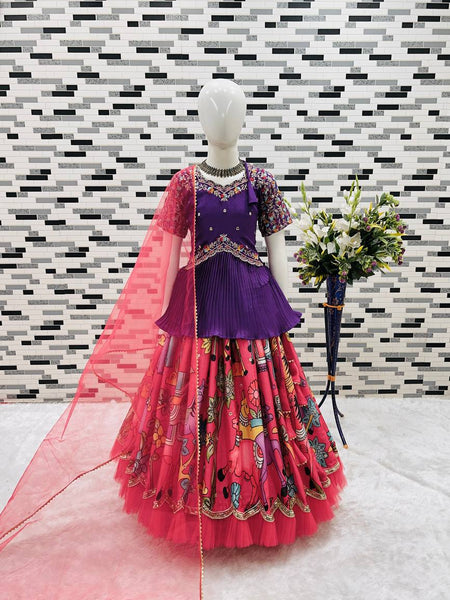 Designer Purple Embroidered Peplum Top with Pink Printed Pleated Lehenga for Girls