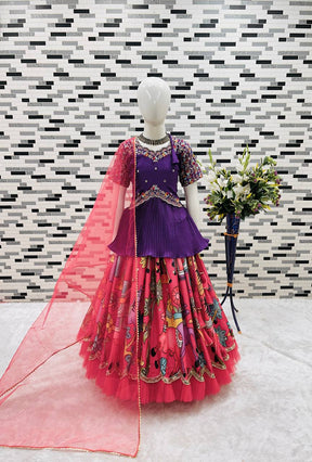 Designer Purple Embroidered Peplum Top with Pink Printed Pleated Lehenga for Girls