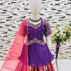 Designer Purple Embroidered Peplum Top with Pink Printed Pleated Lehenga for Girls