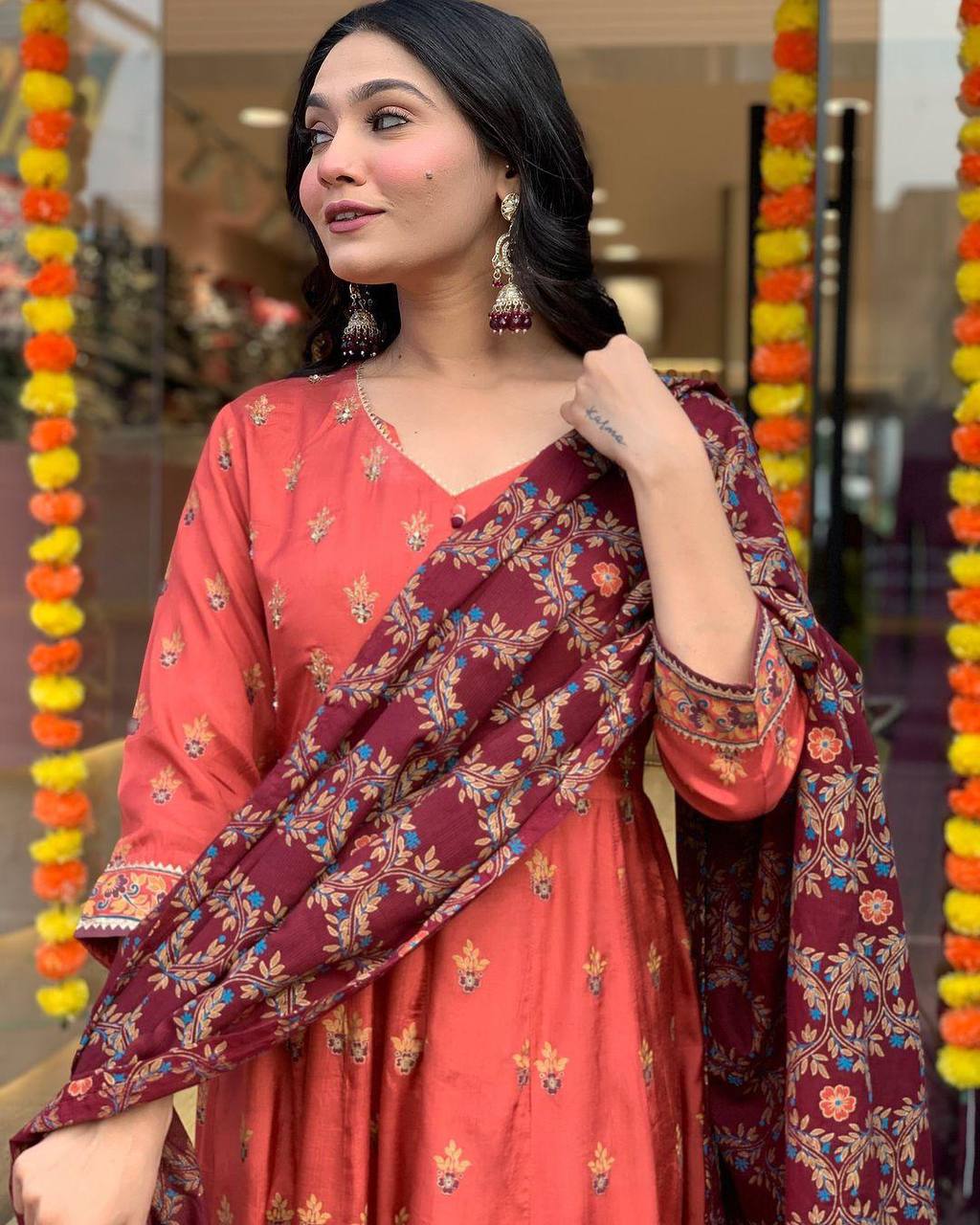 Vibrant Pink Floral Printed Kurta Set with Scalloped Dupatta