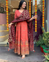 Vibrant Pink Floral Printed Kurta Set with Scalloped Dupatta