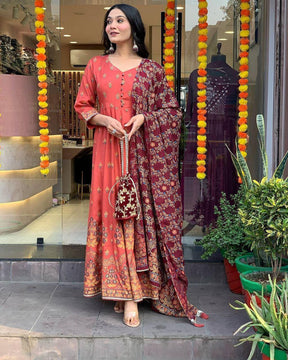Vibrant Pink Floral Printed Kurta Set with Scalloped Dupatta