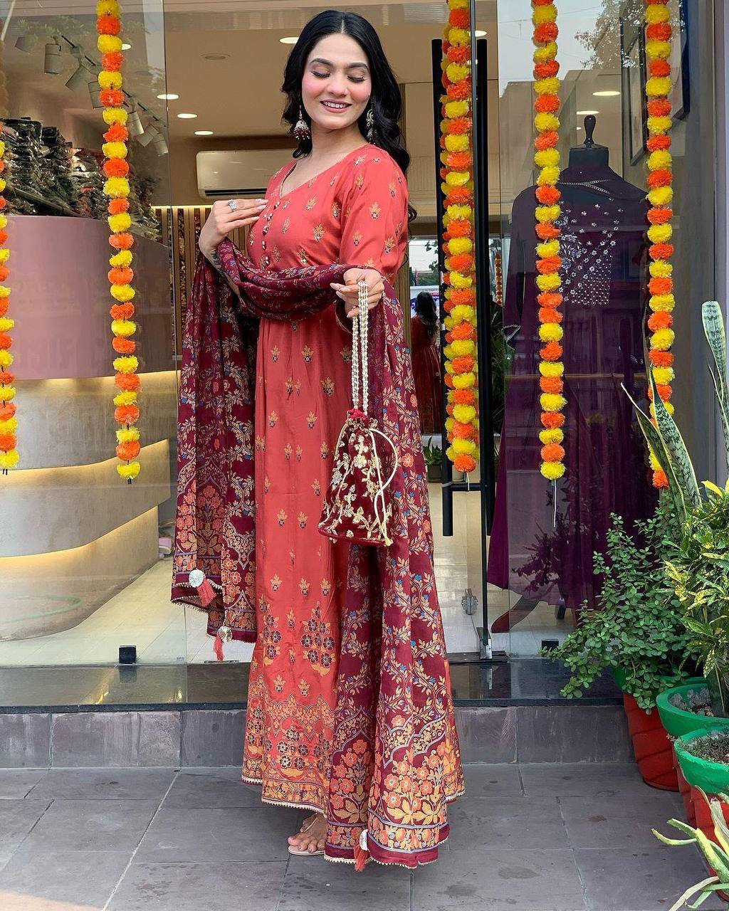 Vibrant Pink Floral Printed Kurta Set with Scalloped Dupatta