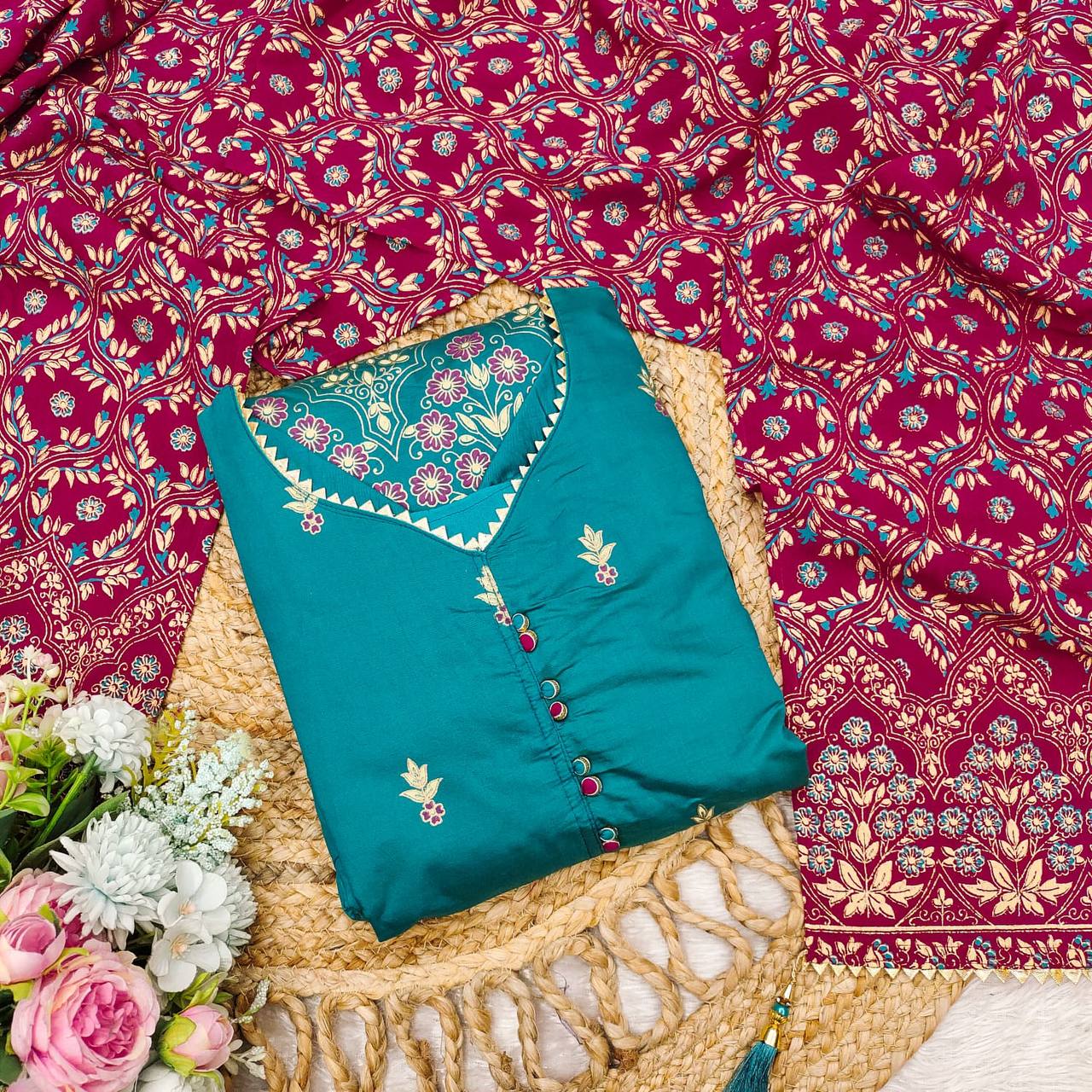 Elegant Ivory Embroidered Kurta Set with Designer Jacquard Dupatta