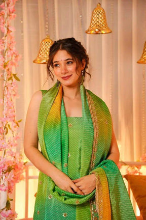 Vibrant Green Punjabi Suit Set with Heavy Work & Dupatta