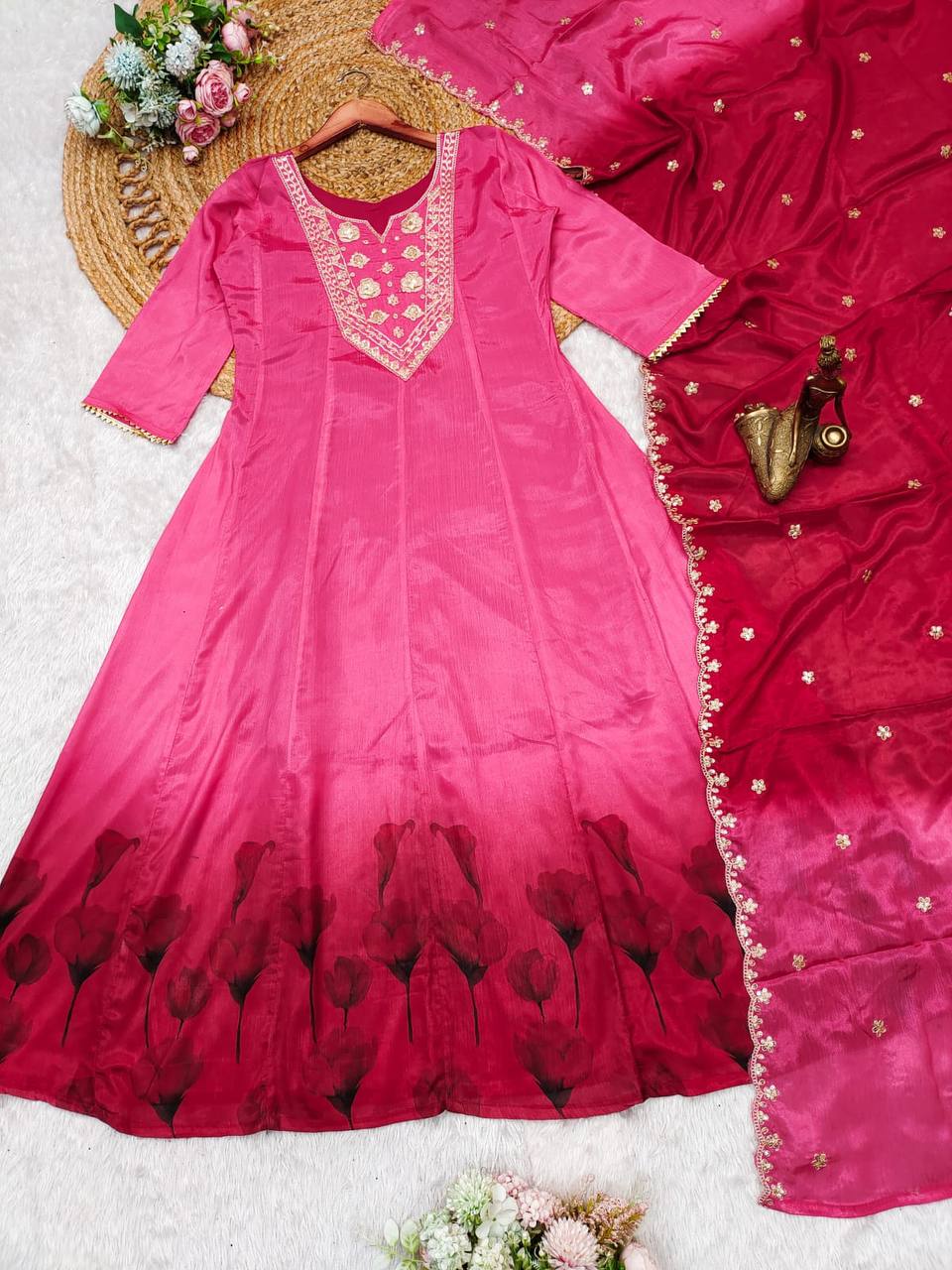 Designer Fusion Pink Anarkali Dress with Contrast Dupatta
