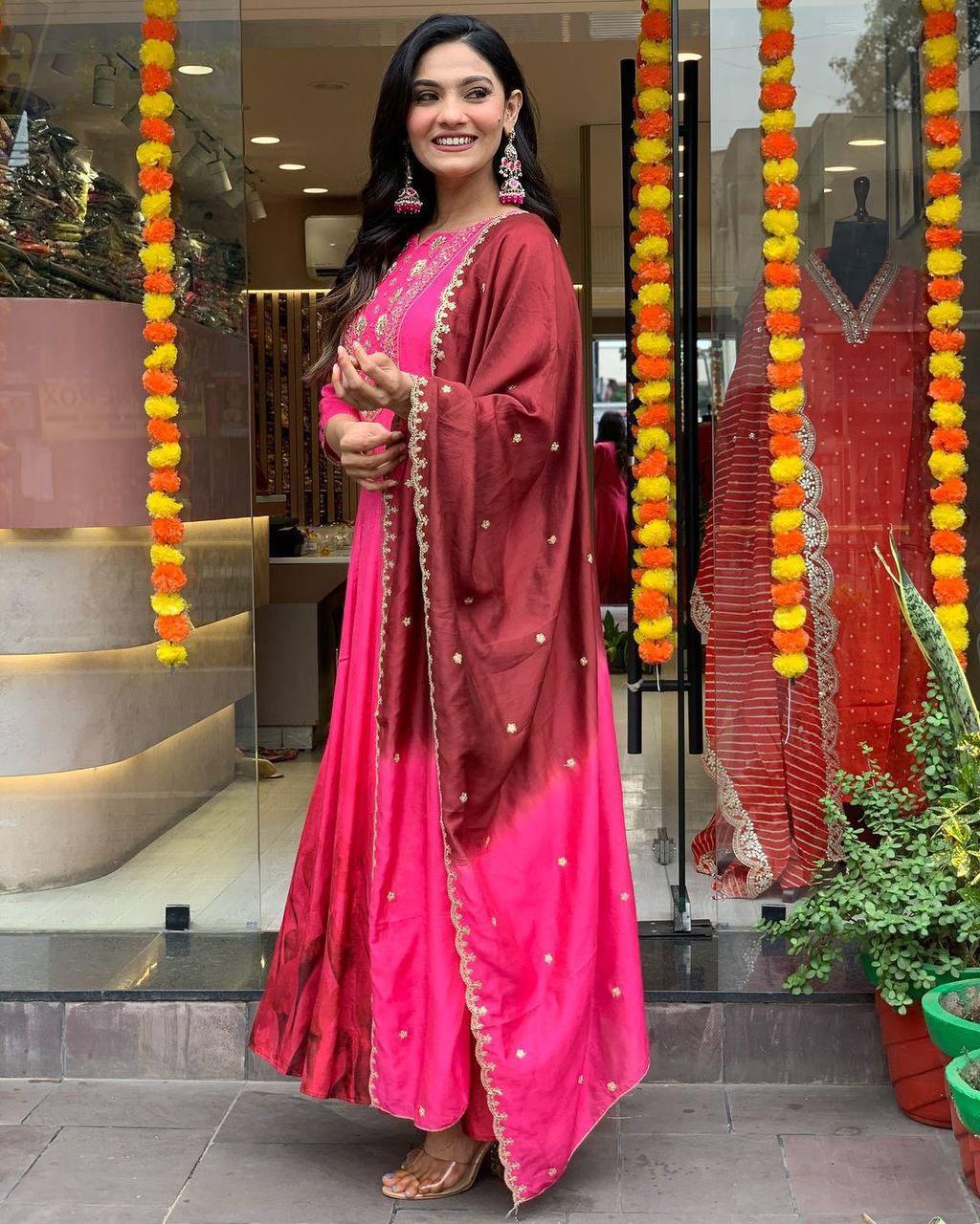 Designer Fusion Pink Anarkali Dress with Contrast Dupatta