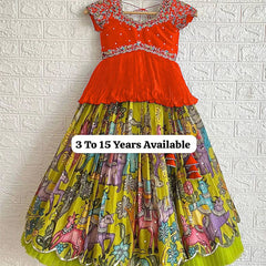 Girls Traditional Embroidered Lehenga Choli – Bright Orange Top & Printed Multicolor Skirt (Ages 3–15)