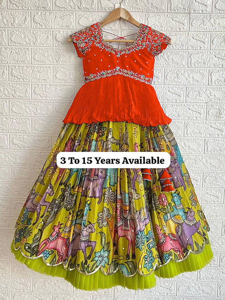 Girls Traditional Embroidered Lehenga Choli – Bright Orange Top & Printed Multicolor Skirt (Ages 3–15)