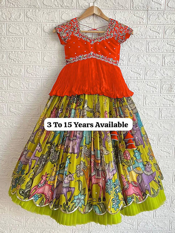 Girls Traditional Embroidered Lehenga Choli – Bright Orange Top & Printed Multicolor Skirt (Ages 3–15)