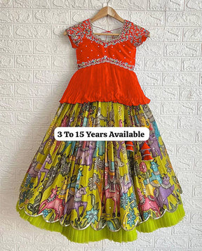 Girls Traditional Embroidered Lehenga Choli – Bright Orange Top & Printed Multicolor Skirt (Ages 3–15)