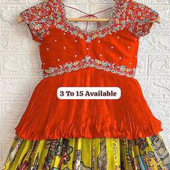 Girls Traditional Embroidered Lehenga Choli – Bright Orange Top & Printed Multicolor Skirt (Ages 3–15)