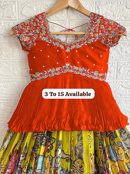 Girls Traditional Embroidered Lehenga Choli – Bright Orange Top & Printed Multicolor Skirt (Ages 3–15)