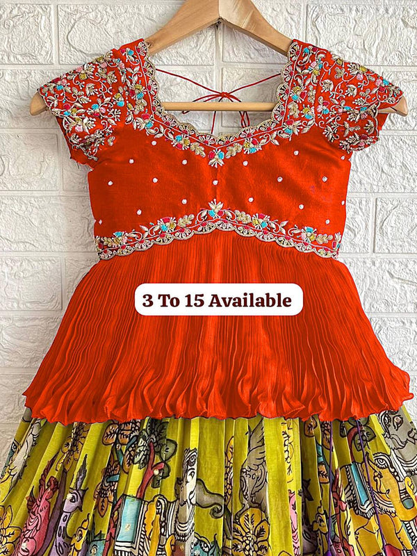 Girls Traditional Embroidered Lehenga Choli – Bright Orange Top & Printed Multicolor Skirt (Ages 3–15)