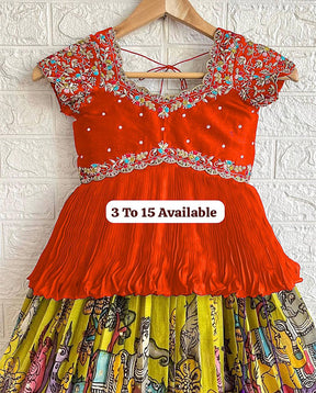 Girls Traditional Embroidered Lehenga Choli – Bright Orange Top & Printed Multicolor Skirt (Ages 3–15)