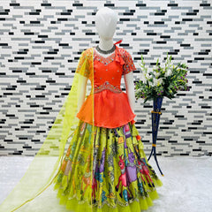 Girls Traditional Embroidered Lehenga Choli – Bright Orange Top & Printed Multicolor Skirt (Ages 3–15)