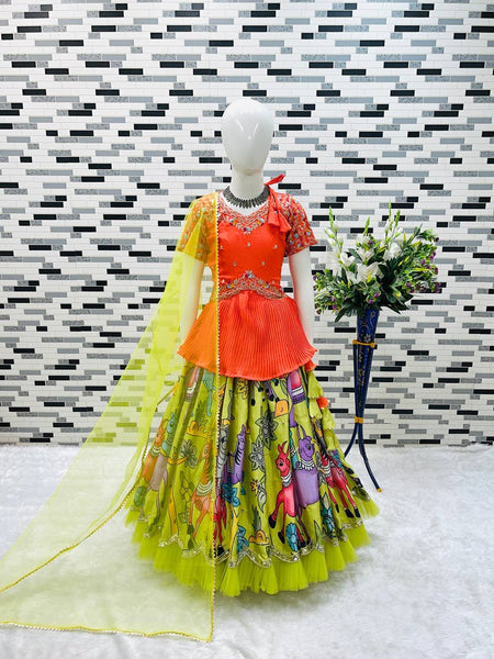 Girls Traditional Embroidered Lehenga Choli – Bright Orange Top & Printed Multicolor Skirt (Ages 3–15)