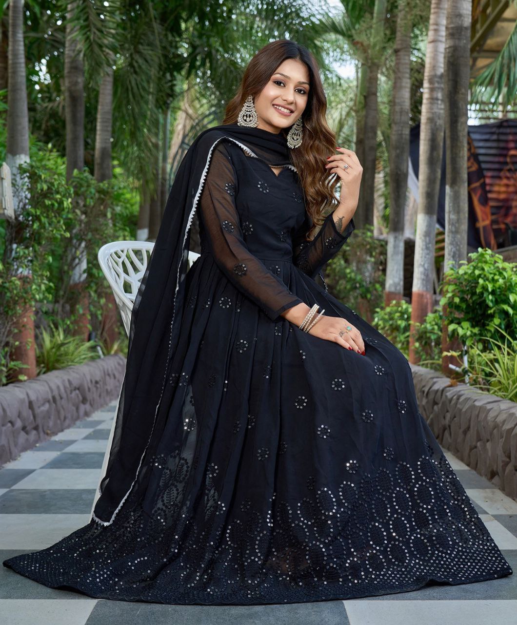 Classic Black Embroidered Anarkali Gown with Sequins & Dupatta