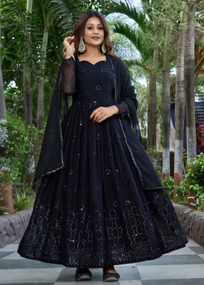 Classic Black Embroidered Anarkali Gown with Sequins & Dupatta