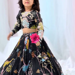 Black Floral Embroidered Kids Lehenga Choli