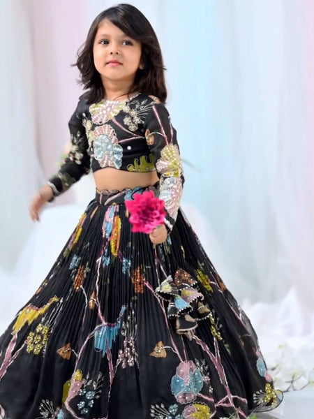 Black Floral Embroidered Kids Lehenga Choli