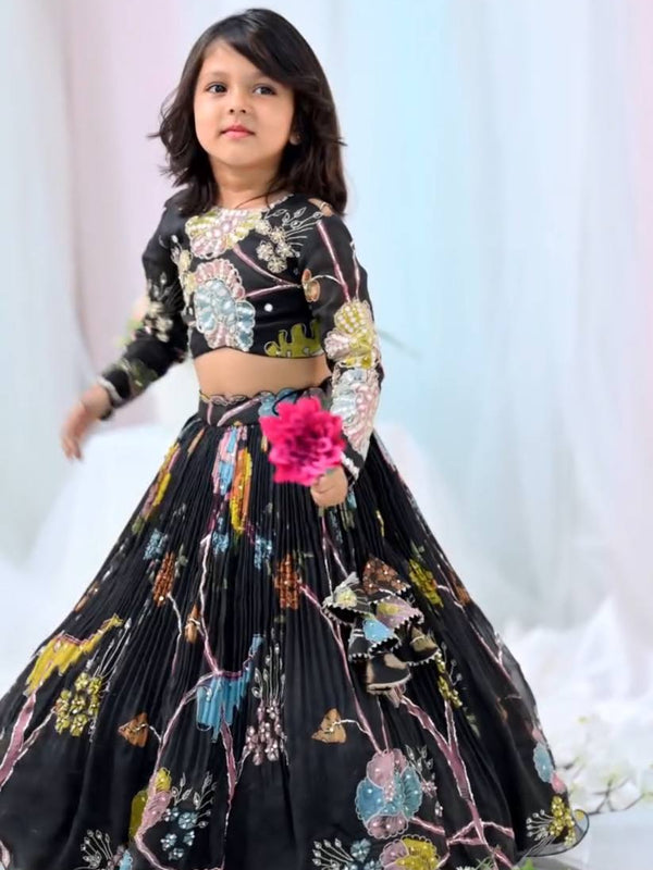 Black Floral Embroidered Kids Lehenga Choli