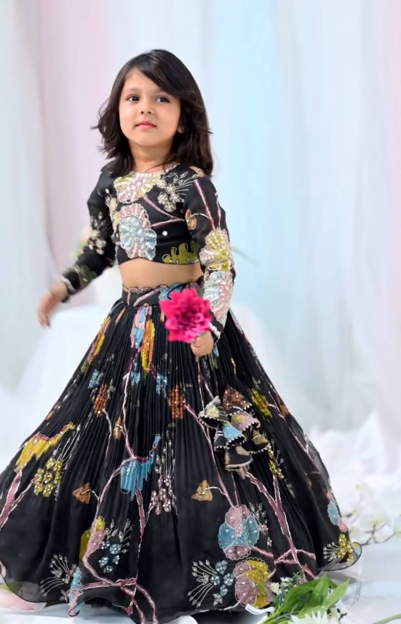 Black Floral Embroidered Kids Lehenga Choli