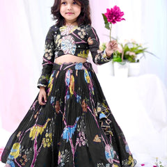 Black Floral Embroidered Kids Lehenga Choli