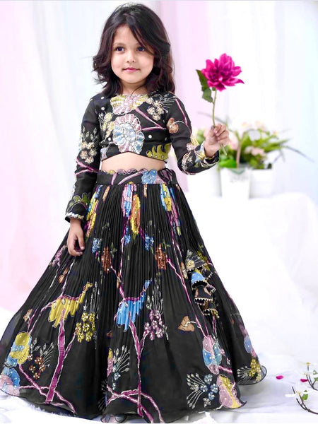 Black Floral Embroidered Kids Lehenga Choli