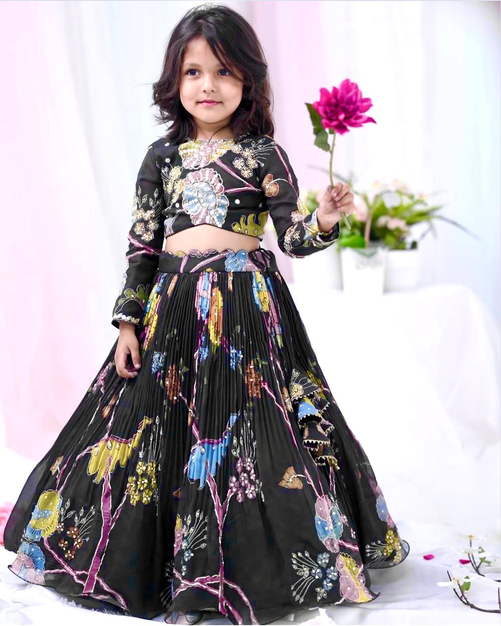 Black Floral Embroidered Kids Lehenga Choli