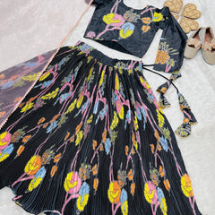 Black Floral Embroidered Kids Lehenga Choli
