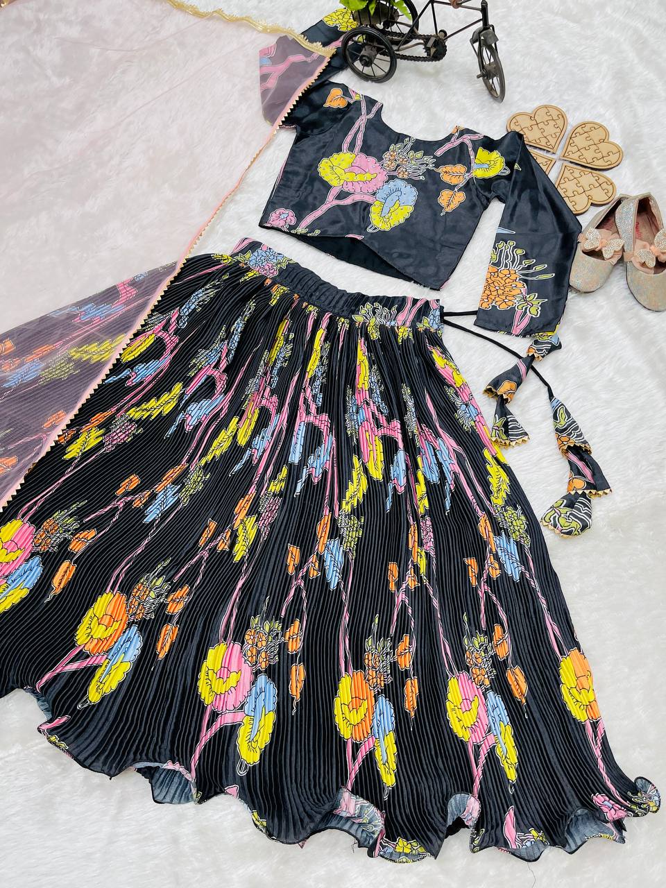 Black Floral Embroidered Kids Lehenga Choli