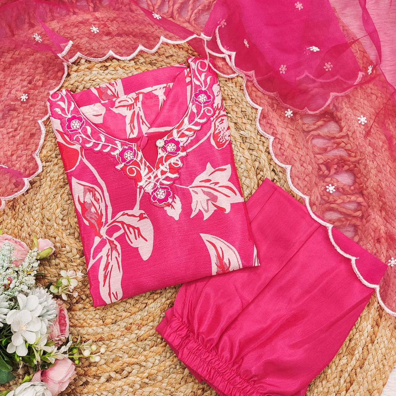 Vibrant Pink Floral Printed Kurta Set with Dupatta