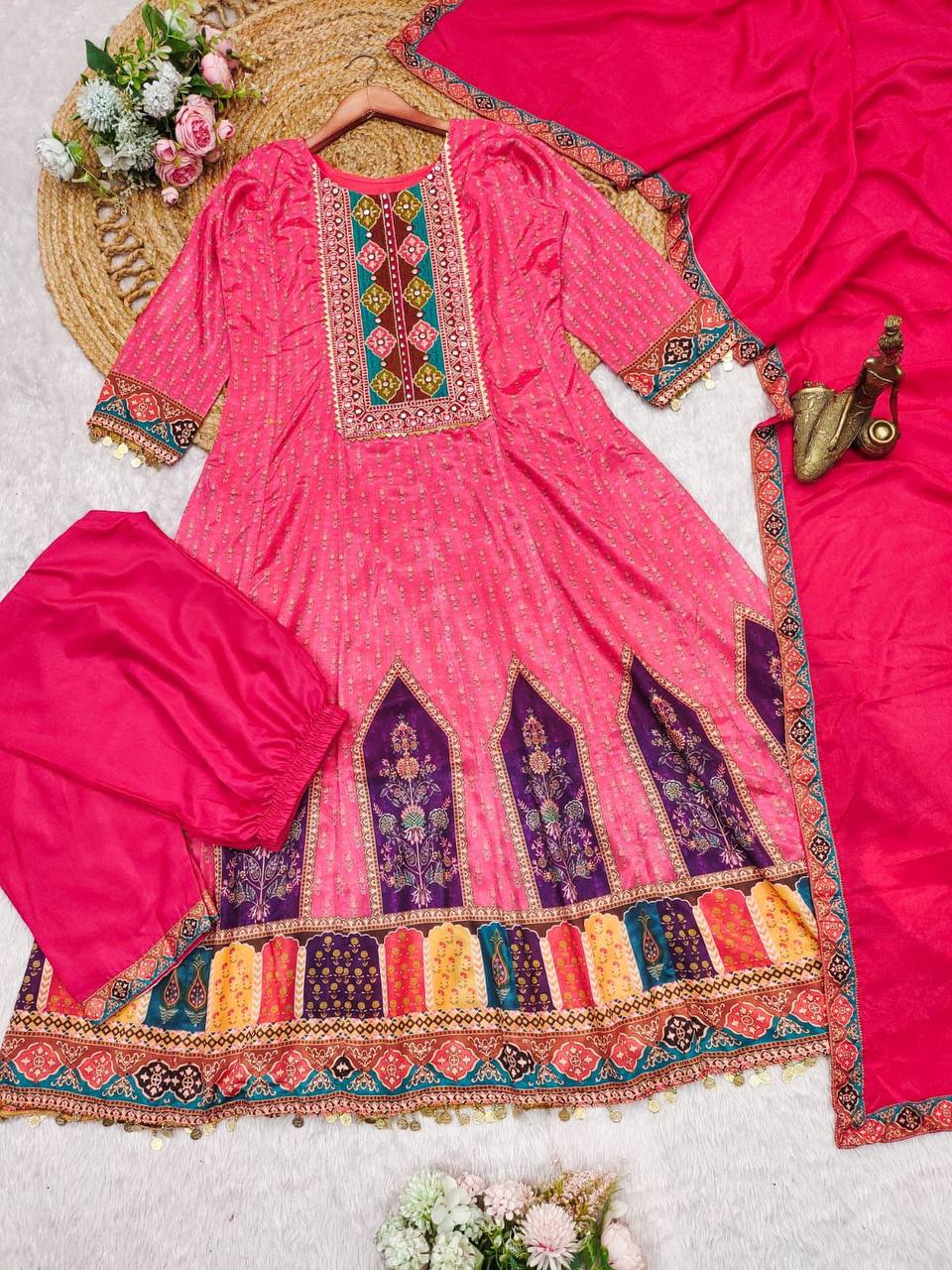 Regal Pink & Purple Embroidered Anarkali Suit Set with Dupatta