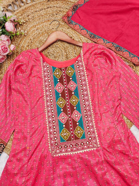 Regal Pink & Purple Embroidered Anarkali Suit Set with Dupatta