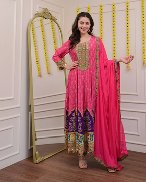 Regal Pink & Purple Embroidered Anarkali Suit Set with Dupatta