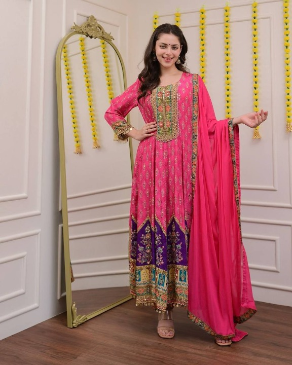 Regal Pink & Purple Embroidered Anarkali Suit Set with Dupatta